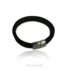 pulseira masculina couro e ródio branco