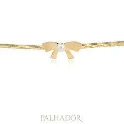 colar fita pingente laço com pérola ouro