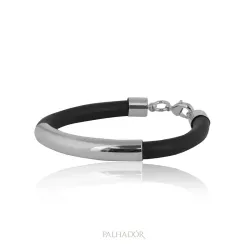 pulseira couro tubo ródio branco