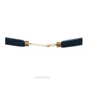 colar choker veludo azul jeans ouro