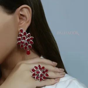 brinco cravejado luxo gotas rubi ródio branco