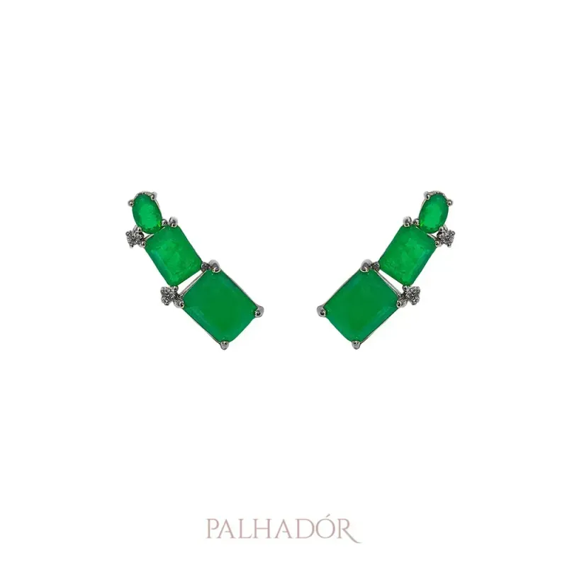 Brinco Ear Cuff Fusion Esmeralda Ródio Branco