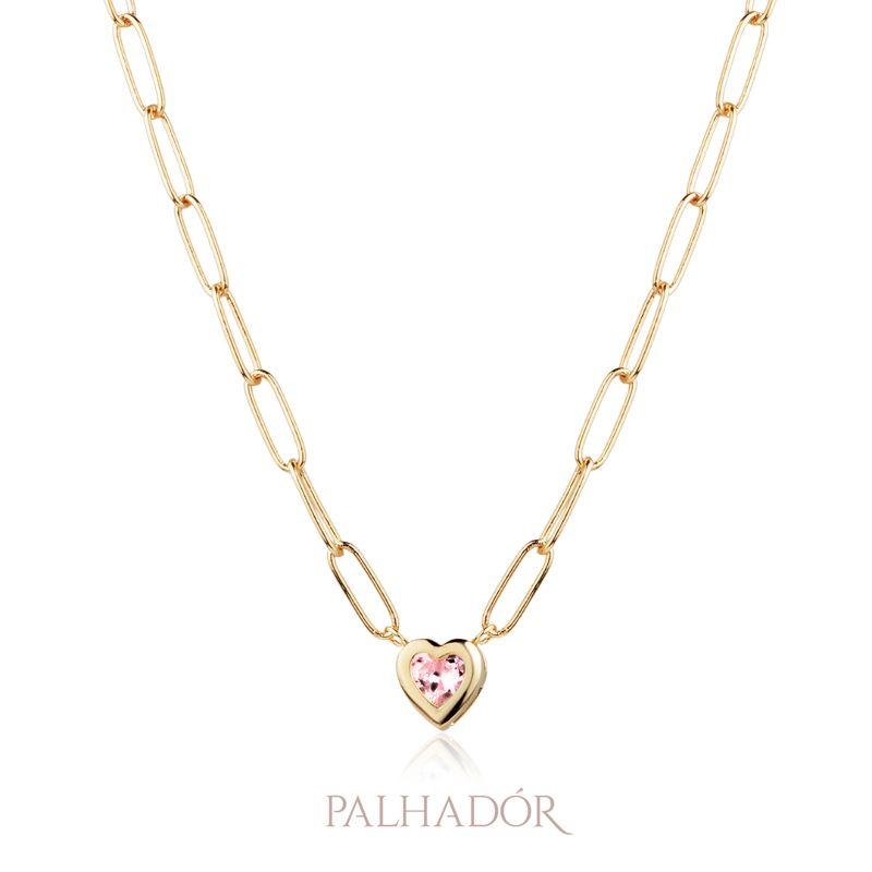 COLAR ZIRCÔNIA CORAÇÃO QUARTZO ROSA OURO