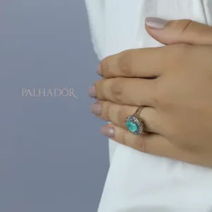 anel oval turmalina com cravação colorida ródio branco