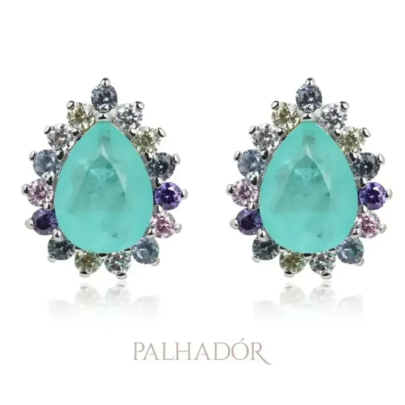 Brinco GOTA TURMALINA COM CRAVAÇÃO COLORIDA LATERAL RÓDIO BRANCO Brinco GOTA TURMALINA COM CRAVAÇÃO COLORIDA LATERAL RÓDIO BRANCO