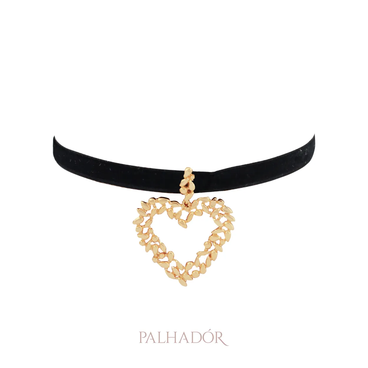 COLAR CHOKER VELUDO CORAÇÃO VAZADO OURO