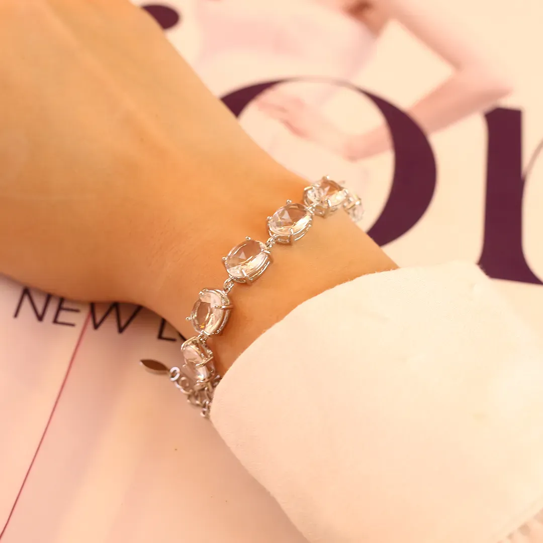 PULSEIRA PEDRAS CRISTAL OVAL RÓDIO BRANCO