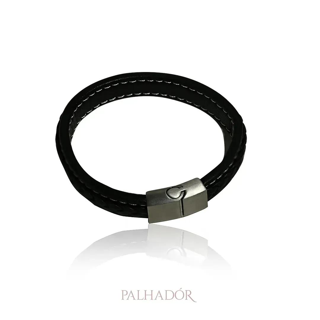 PULSEIRA MASCULINA COURO E RÓDIO BRANCO